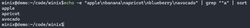 Winix pipeline: echo | grep | sort